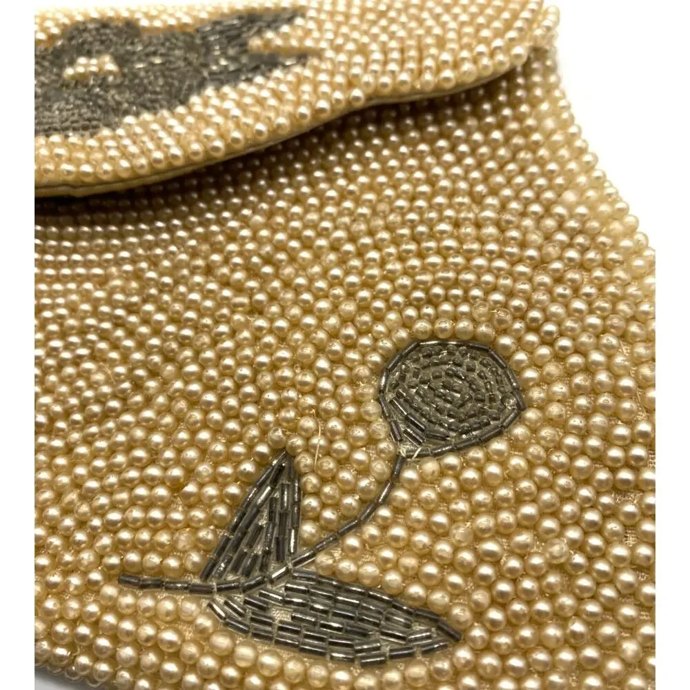 Hato‎ Hasi Beaded Clutch Cream Colored Pearls Floral Purse Japan Vintage Art